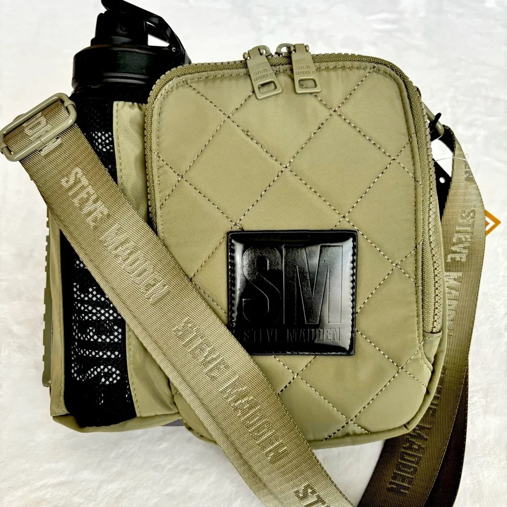 STEVE MADDEN Bavia Olive Green Quilted Crossbody Bag with Attached Water Bottle
